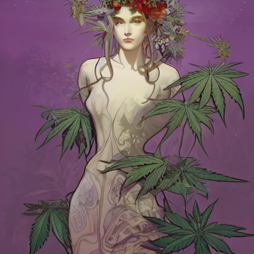 Image similar to a cannabis plant, bio vegetal concept art, by Peter Mohrbacher and Alphonse Mucha, chess, amazonia, detailed, style, 8k, trending on artstation, unreal engine 4k, detailed, clean background trending, full shot, symmetrical portrait, sophisticated, Unreal engine, dystopia, anti-utopia, post processing, psychadelic