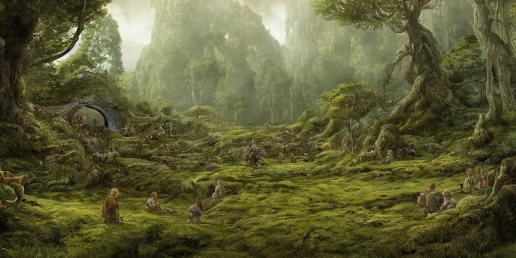 Image similar to Hobbits at Fangorn Forest in the evening, detailed matte painting, cinematic, Alan Lee, Artstation