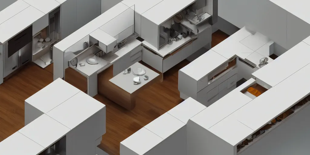 Image similar to top down view isometric kitchen, wood, metal, white, Dan McPharlin, Ralph McQuarrie