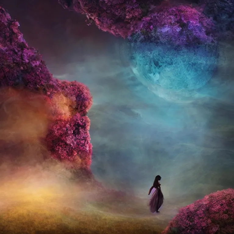 Image similar to a planet of various flowers, fungus and plants, in which the singular human figure is dressed in something magical and impressive, inside the picture is infinity, sunset light, Atmospheric phenomenon, artistic photography, muted colors, conceptual, long exposure outside the city, volumetric light