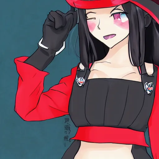 Image similar to Houshou Marine. Hololive character. Anime girl, 宝鐘マリン. Red pirate outfit and black pirate tricorn. Her hat is BLACK colored. Ahoy! Pirate girl ANIME drawing. brickred outfit colorscheme. Her name is Houshou Marine. Anime cute face. Yun Jin artist. Naoki Saito artist