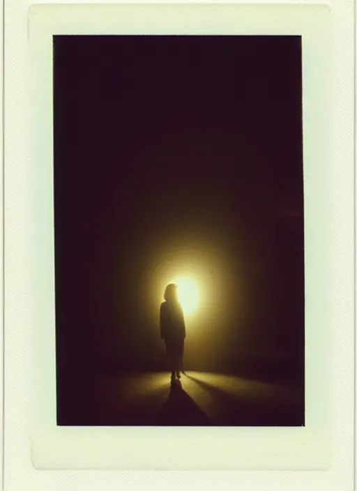 Image similar to a bright silhouette hovers above the ground inside of a hall. liminal, cozy, dramatic soft color lighting ( 1 9 8 4 ). featured polaroid