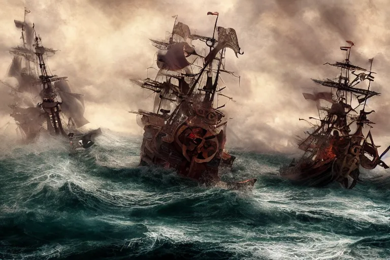 Image similar to epic pirate ship cannon battle in a storm, in the style of vernon grant and chris van allsburg, raging stormy sea, trending on artstation, bright tilt - shift camcorder effect, photoshop, retrowave, hyperrealism, octane, sharp focus, masterpiece