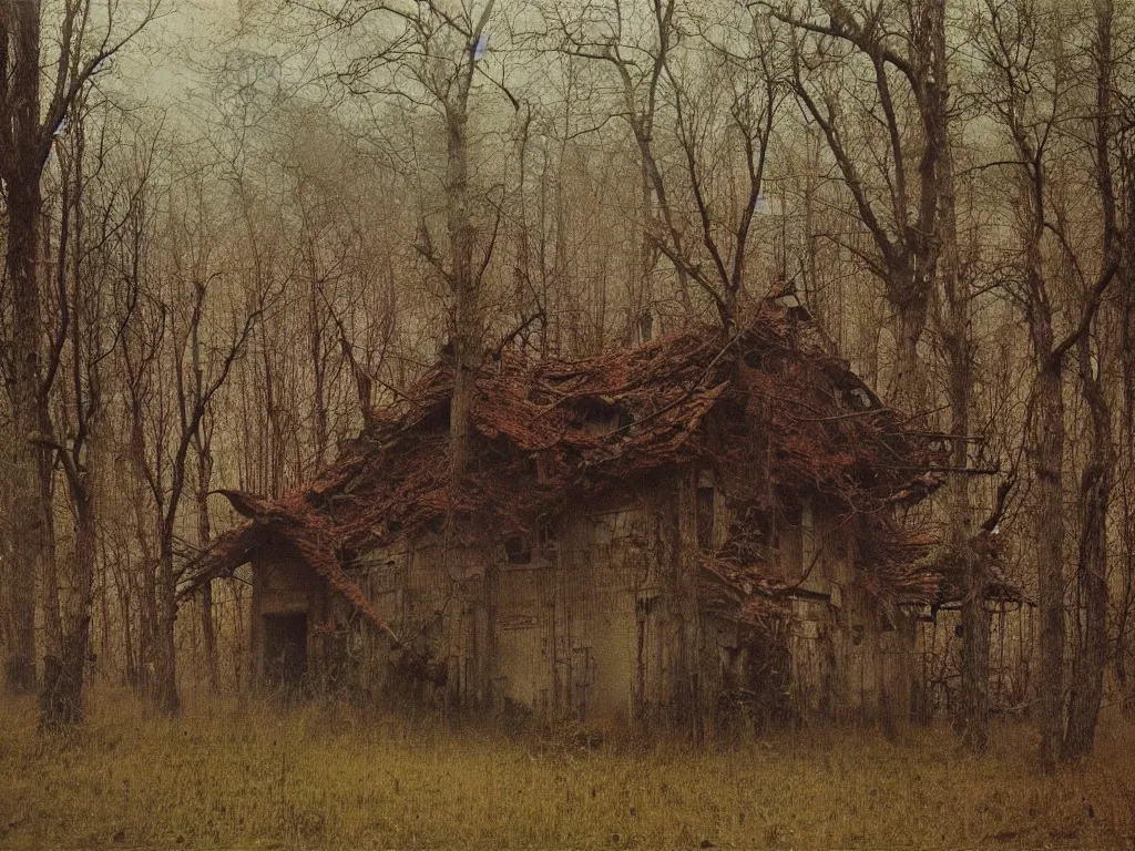 Image similar to abandoned wooden house in the woods, by zdzislaw beksinski, oil on canvas