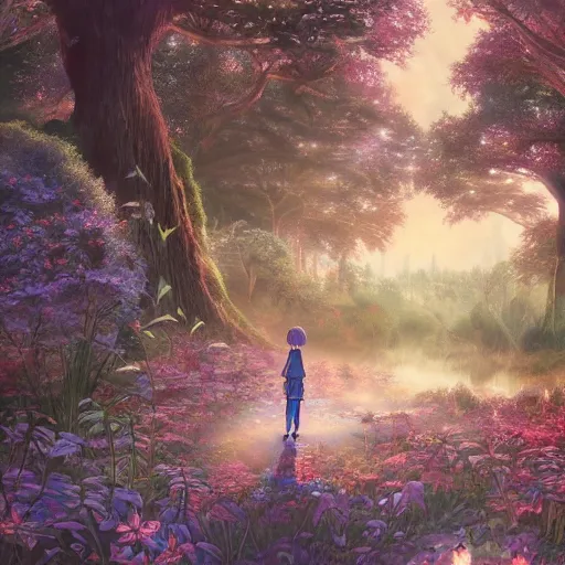 Prompt: the aesthetic view of the beautiful, grand, wistful, dreamy hidden forest at dusk, hyperrealistic anime illustration by iralki nadar, colorful, extremely detailed, intricate linework, super sharp focus, bright colors, octopath traveler, studio ghibli, unreal engine 5 highly rendered, global illumination, radiant light, detailed and intricate environment