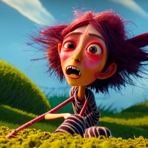 Image similar to a stopmotion animation character, a beautiful and mad canadian woman, on her knees, pulling weeds out frantically, some grey hair, stripey pants, octane render, 8 k, kubo and the two strings,