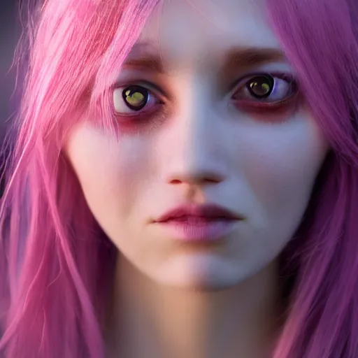Prompt: close up portrait photography of an aes sedai from wheel of time as she channels saidar, pink glowing hair, wind blowing, big eyes, cute, clear clean face, symmetrical face, blurry background, posing, high contrast, three quartered turned angle, surrounded by magic energy