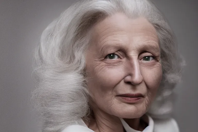 Image similar to a realistic studio cinematic headshot portrait of a beautiful old woman, wearing futuristic white suit, ceo, 4 k, ultra realistic, dramatic lighting, vogue, fashion, by annie leibovitz