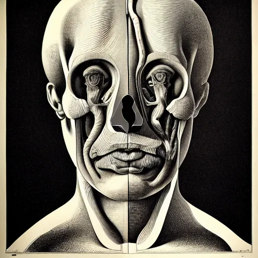 Image similar to surreal head anatomical atlas dissection center cut, lithography on paper conceptual figurative ( post - morden ) monumental dynamic soft shadow portrait drawn by hogarth and escher, inspired by goya, illusion surreal art, highly conceptual figurative art, intricate detailed illustration, controversial poster art, polish poster art, geometrical drawings, no blur