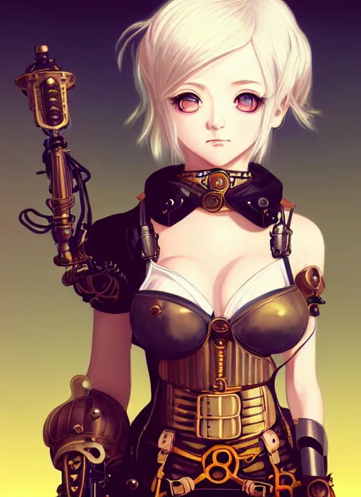 Image similar to portrait Anime girl in steampunk bikini armor, cute-fine-face, white-hair pretty face, realistic shaded Perfect face, fine details. Anime, steampunk, bioshock. realistic shaded lighting by Ilya Kuvshinov and Gustav Klimt