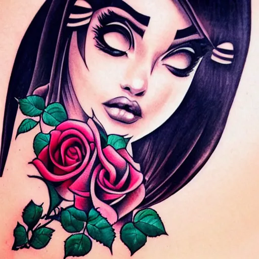 Image similar to tattoo design, stencil, beautiful egyptian girls face, roses and ivy surrounding by artgerm, artgerm, cat girl, anime