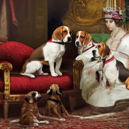 Prompt: a beagle meeting queen Victoria photorealistic