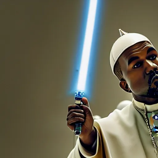 Prompt: kanye west as the pope with a lightsabre, movie still, detailed face, photorealistic facial features, cinematic lighting, dramatic, octane render, long lens, shallow depth of field, bokeh, anamorphic lens flare, 8 k, hyper detailed, 3 5 mm film grain