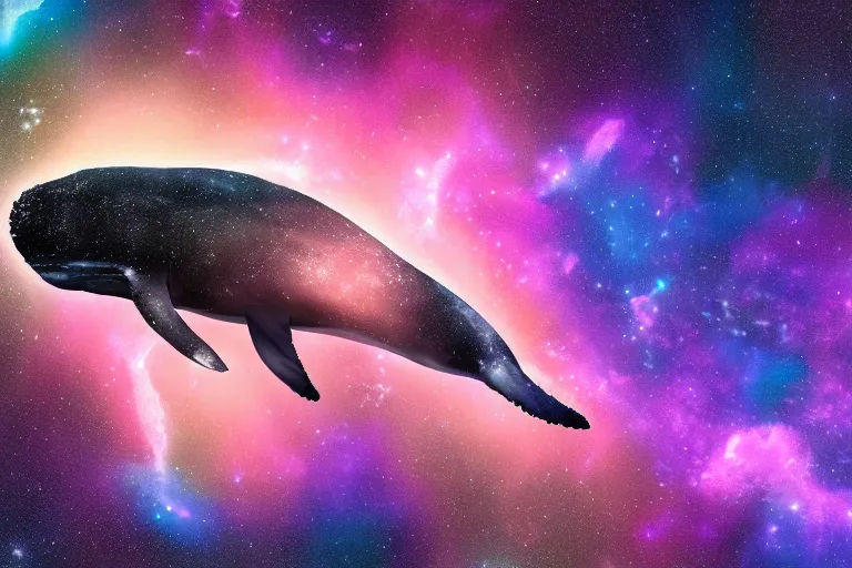 Image similar to a bioluminescent humpback whale swimming through a space nebula leaving stardust trails, digital art, photorealistic