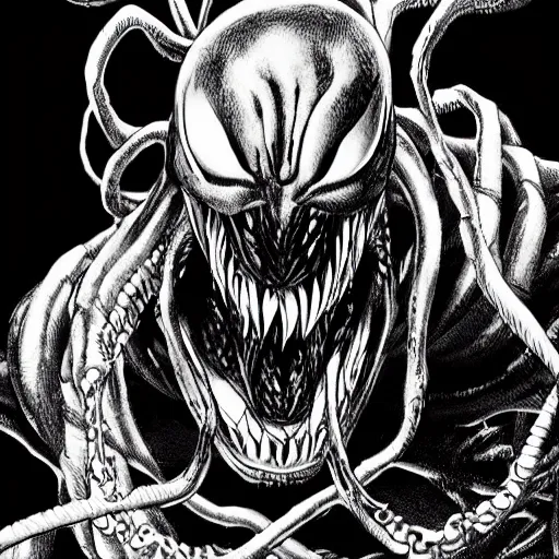 Prompt: Venom by Kentaro Miura, highly detailed, black and white