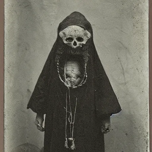 Image similar to hermit alchemist wearing scary clothing, 1900s photograph