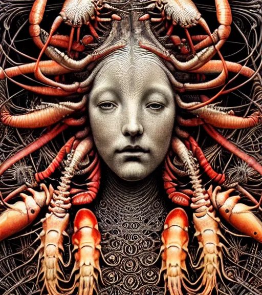 Image similar to detailed realistic beautiful lobster goddess face portrait by jean delville, gustave dore, iris van herpen and marco mazzoni, art forms of nature by ernst haeckel, art nouveau, symbolist, visionary, gothic, neo - gothic, pre - raphaelite, fractal lace, intricate alien botanicals, ai biodiversity, surreality, hyperdetailed ultrasharp octane render