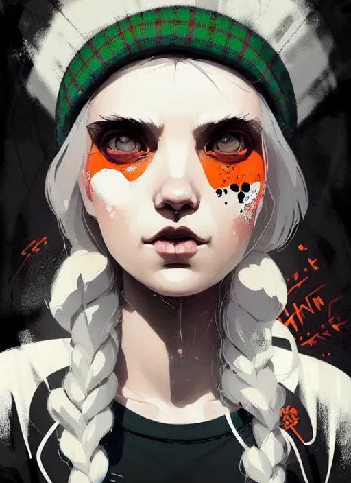 Image similar to highly detailed closeup portrait of a sewer punk lady student, tartan hoodie, white hair by atey ghailan, by greg rutkowski, by greg tocchini, by james gilleard, by joe fenton, by kaethe butcher, gradient, orange, black, brown and cream color scheme, grunge aesthetic!!! white graffiti tag wall background