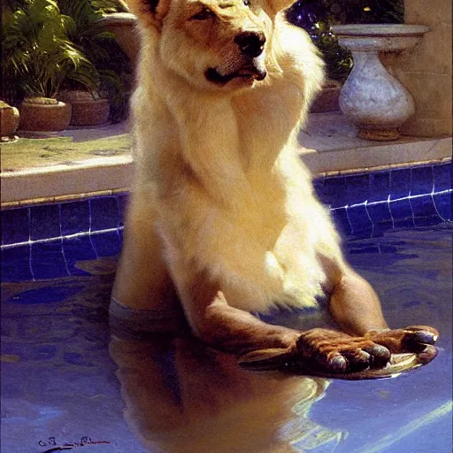 Image similar to a portrait of an animal in the pool, furry body, furry arms, furry legs, furry tail. highly detailed painting by gaston bussiere, craig mullins, j. c. leyendecker, furry