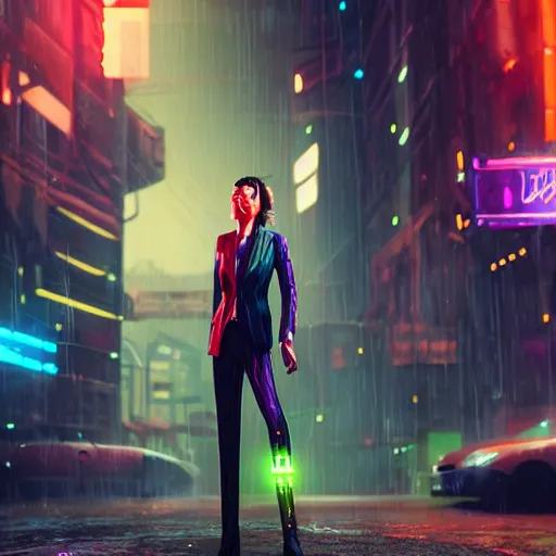 Prompt: epic cartoon women portrait made out of rain, pinstripe suit, short hair, cyberpunk background, rendered in octane, unreal engine, highly detailed, trending on artstation, realistic, splashes of neon, beautiful