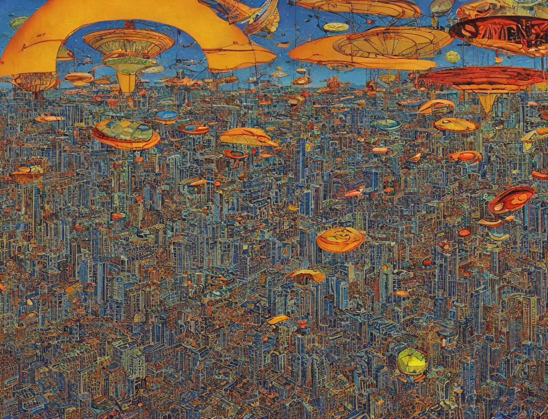 Prompt: ufos flying mysterious banners over the city, by mati klarwein and moebius