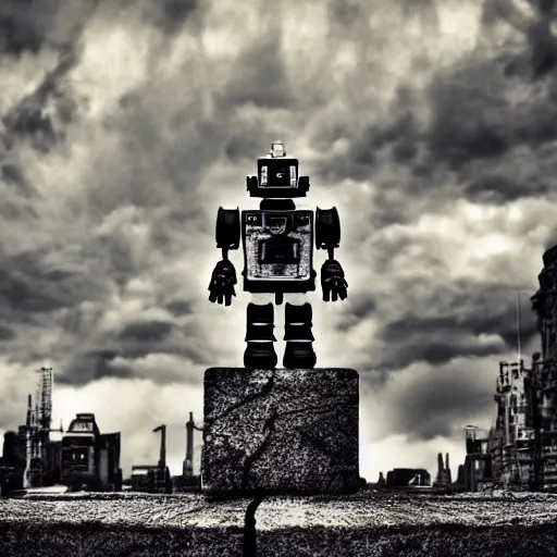 Image similar to highly detailed robot, dark dystopian city, dramatic clouds, instamatic photo, sepia