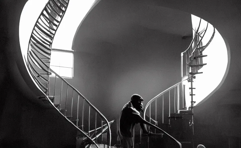 Image similar to frank ocean building a spiral staircase in the centre of the room, greyscale,