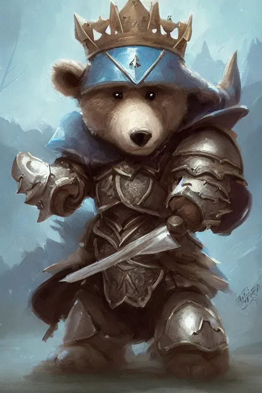 Image similar to cute little anthropomorphic bear knight wearing a cape and a crown, tiny, small, miniature bear, baby animal, short, pale blue armor, cute and adorable, pretty, beautiful, DnD character art portrait, matte fantasy painting, DeviantArt Artstation, by Jason Felix by Steve Argyle by Tyler Jacobson by Peter Mohrbacher, cinematic lighting