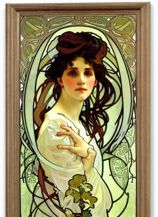 Prompt: a portrait of a pretty young lady by alphonse mucha