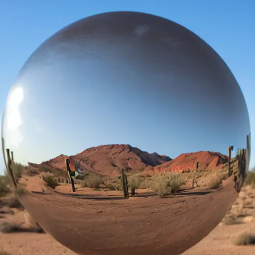 Prompt: a large metallic ball with a mirror finish sits in the arizona desert