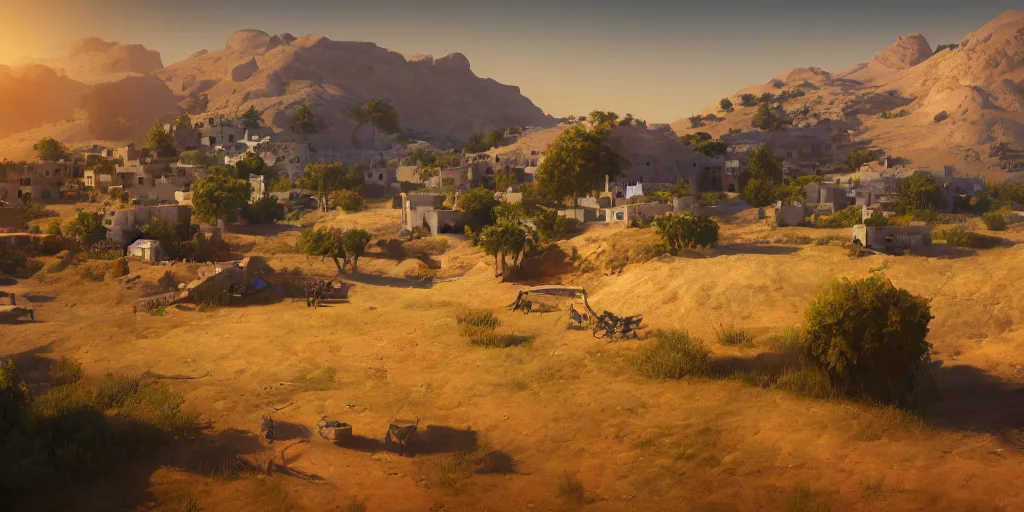 Image similar to Lively sunny landscape of an palestinian village realistic detailed digital art by Maxwell Boas Jessica Rossier Christian Dimitrov Anton Fadeev trending on Artstation CGSociety rendered in Unreal Engine 4k HQ