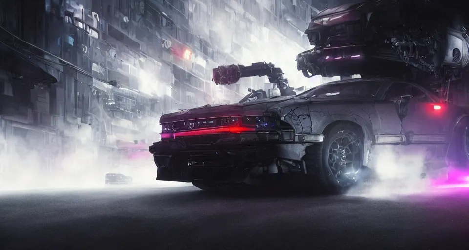 Image similar to movie still cyberdyne cars from terminator, dark cinematic lighting, smoke, atmospheric, purple lasers, low angle photography, beautiful, cyberpunk, artstation,