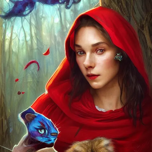 Prompt: Beautiful face Portrait of Little Red Riding Hood with a rainbow panther, face painting, dramatic lighting, intricate, wild, highly detailed, digital painting, artstation, concept art, smooth, sharp focus, illustration, art by artgerm and greg rutkowski and alphonse mucha, footage from space camera