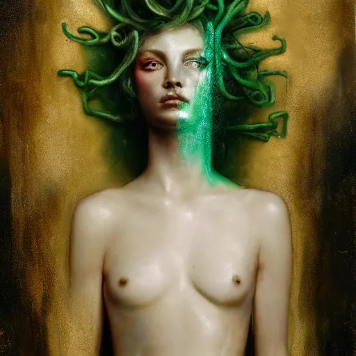 Prompt: Medusa by cy Twombly and BASTIEN LECOUFFE DEHARME, gold and emerald, iridescent, volumetric lighting