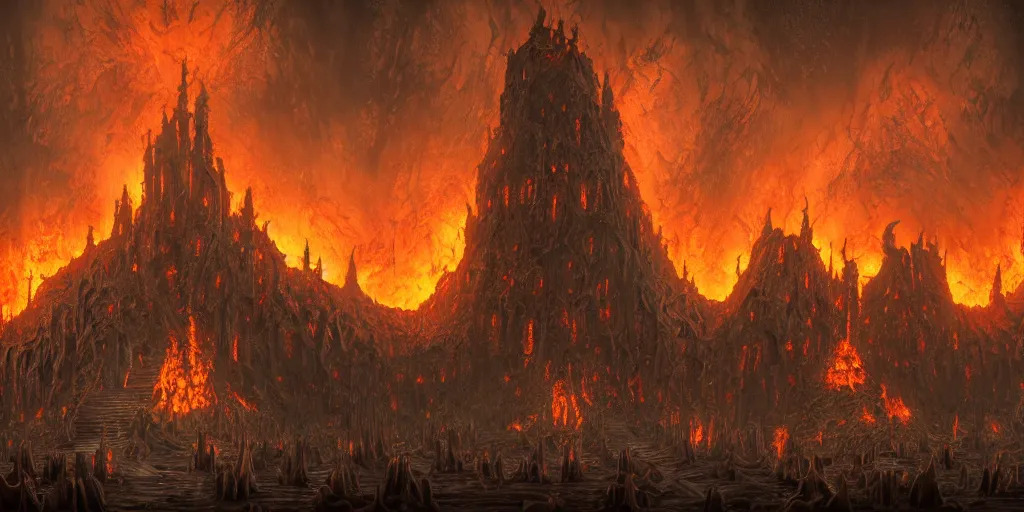 Image similar to a disturbing temple of the undead, grimdark feeling of horror, fire and lava, in psychodelic style of Midjourney, stylized, 8k high details, detailed and intricate, elegant, ornate, horror, elite, ominous, haunting, beautiful digital painting, cinematic, cgsociety, artstation, octane render, 8k, unreal engine