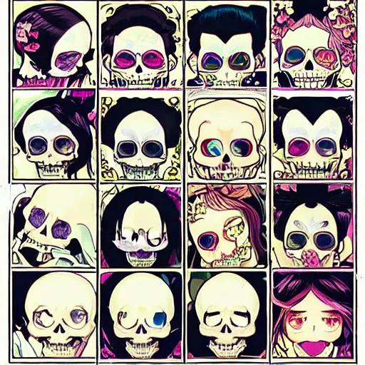 Prompt: anime manga skull portrait happy girl face skeleton illustration style by Alphonse Mucha and Takashi Murakami pop art nouveau