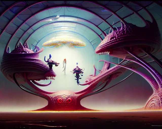 Image similar to futuristic mcdonalds, fantasy landscape made of fractals facing each other, ultra realistic, wide angle, intricate details, the fifth element artifacts, highly detailed by peter mohrbacher, hajime sorayama, wayne barlowe, boris vallejo, aaron horkey, gaston bussiere, craig mullins