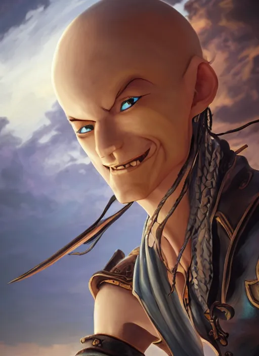 Image similar to An epic fantasy comic book style portrait painting of a skinny white bald sky-pirate with a goofy expression sitting in front of a ship's cannon yu-gi-oh style , unreal 5, DAZ, hyperrealistic, octane render, cosplay, RPG portrait, dynamic lighting