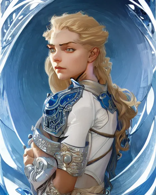 Image similar to movie poster of young blonde girl in blue and white armor, high fantasy, intricate detail, digital painting, artstation, concept art, smooth, sharp focus, illustration, art by Fernanda Suarez and Artem Demura and alphonse mucha