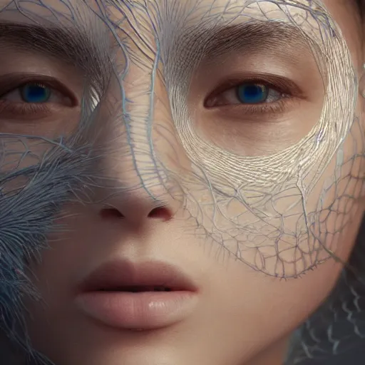 Image similar to intricate highly detailed face portrait of asian - european woman, light blue water vines on her face, intricate, cgsociety, unreal engine, octane render, sharp focus, smooth, volumetric lighting, cinematic composition, artstation