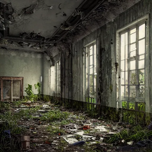 Image similar to abandoned high school overtaken by plants and nature and rot, artstation, high quality, detailed, eerie atmosphere