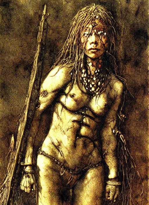 Image similar to barbarian girl in tribal painting by Beksinski and Arthur Rackham