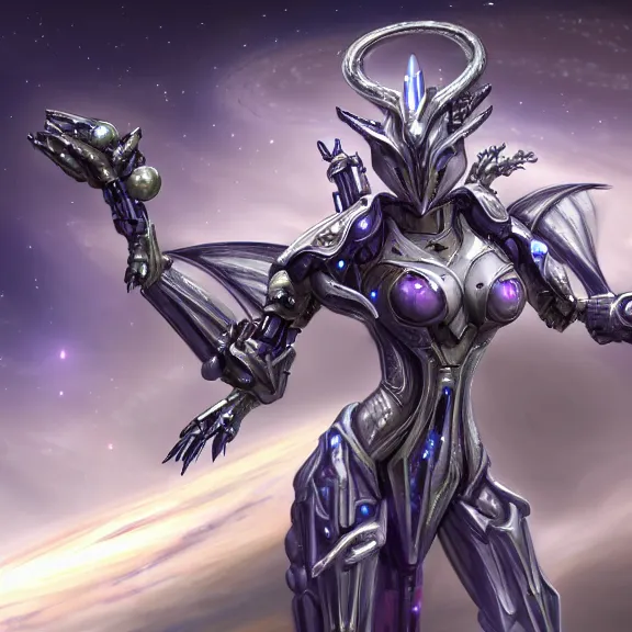 Prompt: goddess shot, galactic sized stunning beautiful anthropomorphic robot mecha female dragon, in space, larger than planets, holding the earth, the earth a mere marble in her claws, detailed silver armor, epic proportions, epic scale, detailed digital art, furry, macro art, dragon art, giantess, warframe fanart, furaffinity, deviantart, realistic
