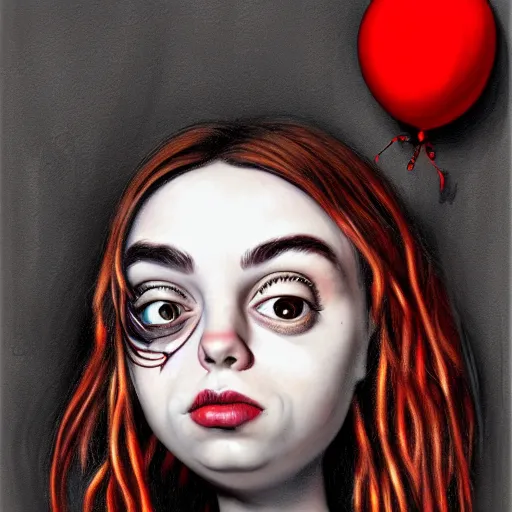 Image similar to surrealism grunge cartoon portrait sketch of billie eilish with a wide smile and a red balloon by - michael karcz, loony toons style, wall-e style, horror theme, detailed, elegant, intricate