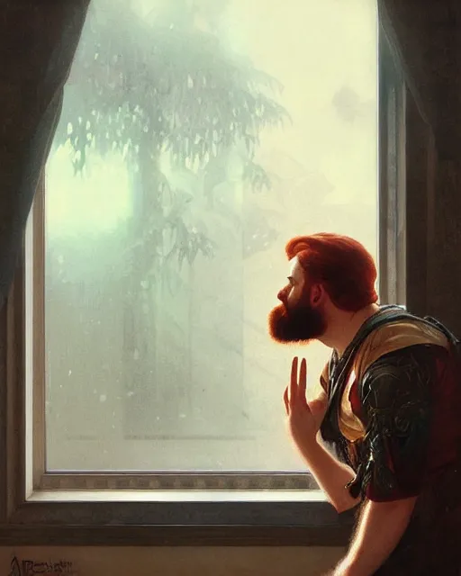 Prompt: attractive red - headed bearded man looking out the window expectantly, a small smile on his lips, highly detailed, digital painting, artstation, concept art, smooth, sharp focus, illustration, art by artgerm, greg rutkowski, alphonse mucha, j. c. leyendecker