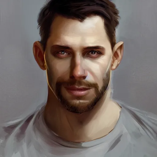 Image similar to a head - on detailed oil portrait of a young handsome round - faced smiling bald man, by charlie bowater, lise deharme, wlop, trending on artstation, dungeon and dragons art, critical role