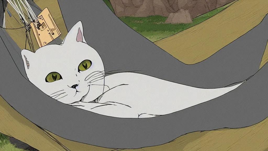 Image similar to grey american shorthair cat sleeping in a hammock, animated still, by studio ghibli, by hayao miyazaki