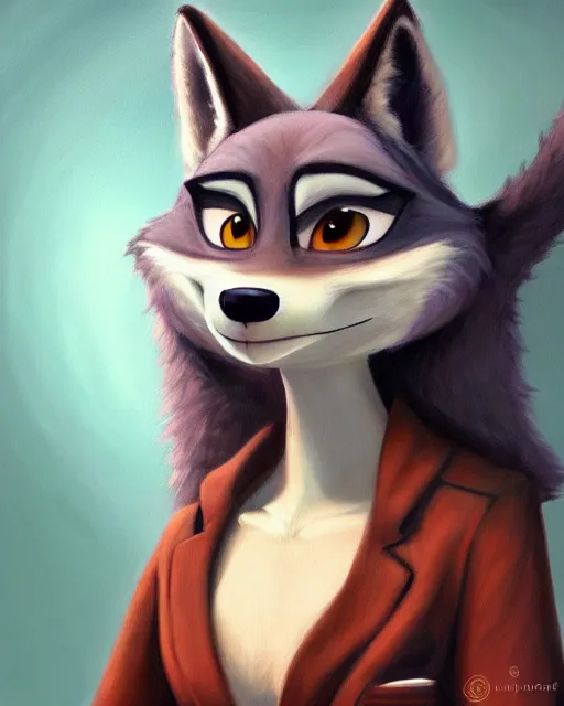 Image similar to oil painting of anthromorphic female wolf, in style of zootopia, female fursona, furry, furaffinity, 4 k, deviantart, furry art, fursona art, wearing black business suit, business suit, wolf fursona, female, very expressive detailed feminine face,