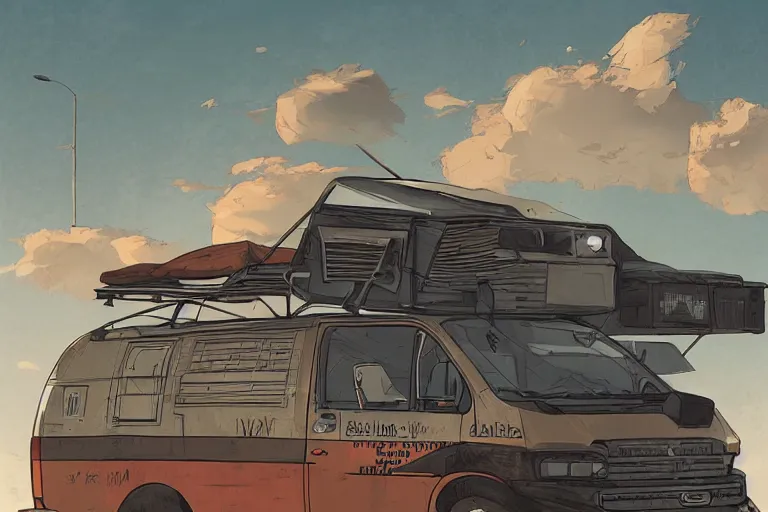 Image similar to digital illustration of mad max's mobile command center hiace camper van by makoto shinkai, ilya kuvshinov, lois van baarle, rossdraws, basquiat