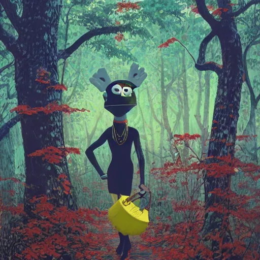 Image similar to safety cones scattered around an oak tree forest, man in muppet sasquatch sri lankan mask costume dancing in the distance, by james jean by ilya kuvshinov kintsugi, hyper detailed surrealist painting